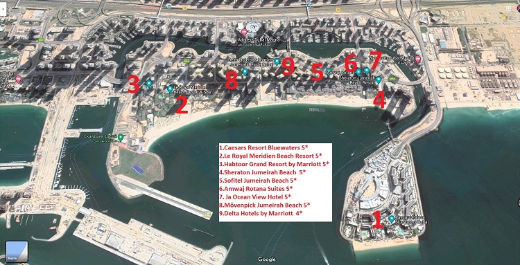 Карта расположения отелей района Дубай Марина